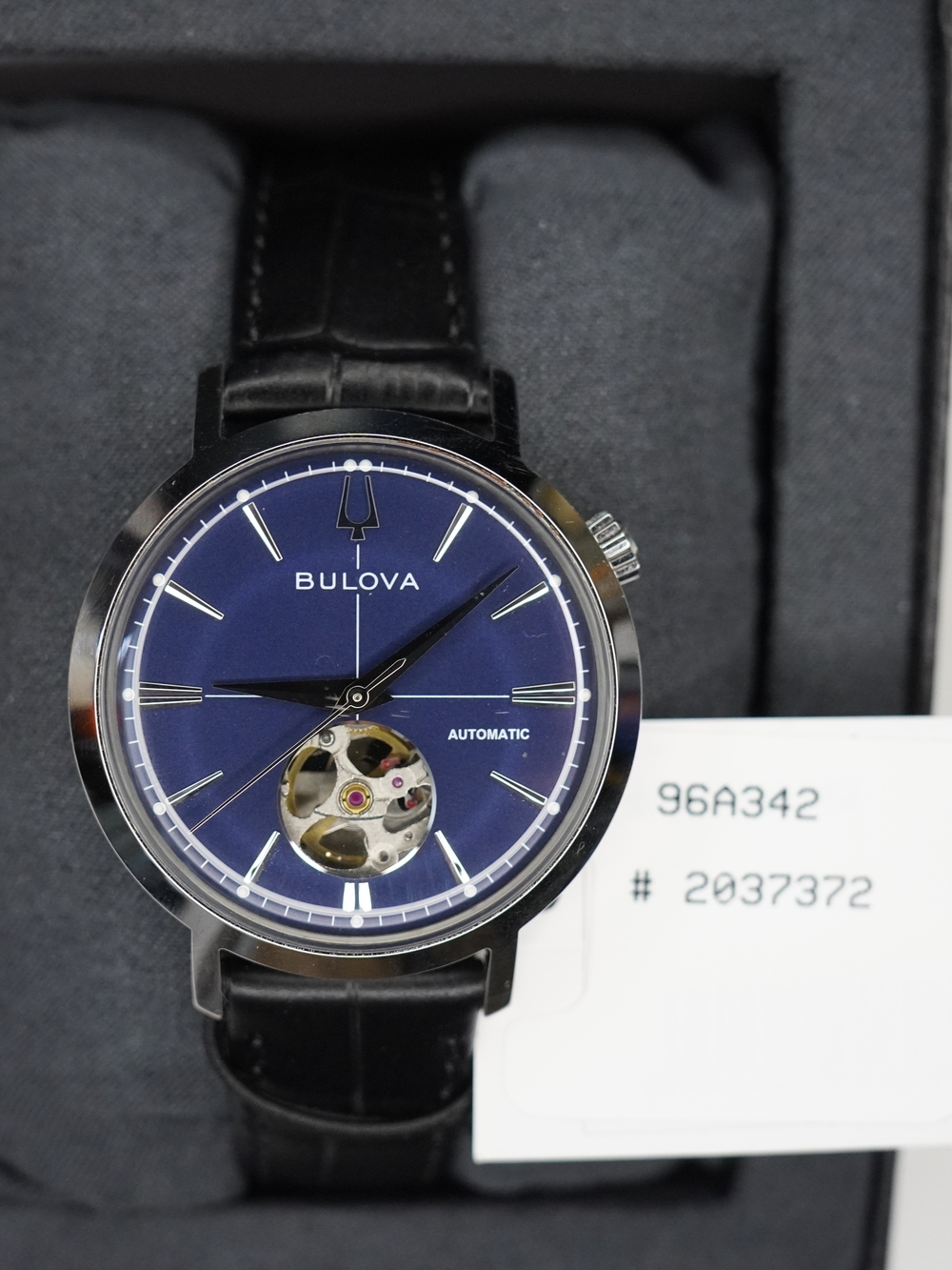 Bulova Aerojet 96A342 Automatic Open Heart Blue Dial 38mm Leather Men's Watch